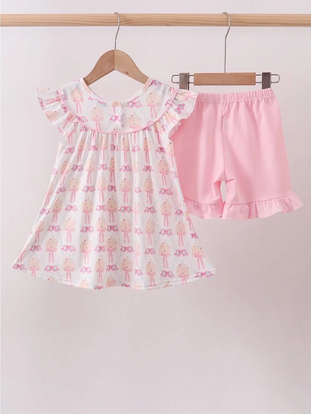NWT Abby & Evie Pink Bow Castle Printed Ruffle-Trim Set